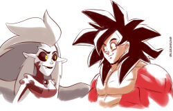 Rule 34 | bang dacy, black hair, black lips, black sclera, breasts, chest jewel, collarbone, colored sclera, dragon ball, dragon ball gt, edalyn clawthorne (harpy), fangs, feathers, grey hair, hair over shoulder, harpy, long hair, looking at another, monster girl, muscular, pectorals, pointy ears, red feathers, red fur, sidelocks, simple background, son goku, super saiyan, super saiyan 4, the owl house, white background, white hair, wings, yellow eyes
