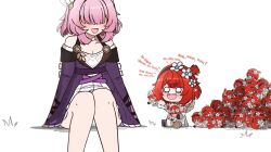 Rule 34 | 6+girls, angel wings, black gloves, black hairband, breasts, celinepizza, chibi, cleavage, coat, commentary, cyrene (honkai: star rail), dress, english commentary, english text, gloves, hair ornament, hair over eyes, hairband, head wreath, highres, honkai: star rail, honkai (series), multiple girls, open mouth, pointy ears, purple coat, red hair, short hair, simple background, sitting, trianne (honkai: star rail), tribbie (honkai: star rail), trinnon (honkai: star rail), white background, white dress, wings