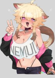 1girl @_@ ahoge animal_collar animal_ears bare_shoulders black_jacket blonde_hair blush breasts cat_ears cat_girl cat_tail clothes_writing collar cowboy_shot cropped_legs drooling fangs grey_background hair_between_eyes half-closed_eyes highres indie_virtual_youtuber jacket karasuma234 large_breasts looking_at_viewer midriff mouth_drool navel open_clothes open_jacket open_mouth panty_straps pink_eyes red_collar signature simple_background smile solo squeans strap_slip sweat tail tank_top thick_eyebrows v virtual_youtuber white_tank_top yamada_nyankichi