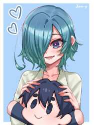 1girl :d absurdres aijou_rentarou aqua_hair artist_name blue_eyes blue_hair blush character_doll collarbone commentary doll english_commentary gradient_hair grey_background hair_over_one_eye heart highres jjum_pp kimi_no_koto_ga_dai_dai_dai_dai_daisuki_na_100-nin_no_kanojo long_bangs multicolored_hair nakaji_uto one_eye_covered open_mouth shirt short_hair simple_background smile solo stuffed_toy upper_body white_shirt