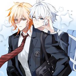 2boys alternate_costume antenna_hair black_bag black_jacket blonde_hair blue_eyes braid collared_shirt commentary facial_tattoo gradient_hair hair_between_eyes half-heart_hands highres jacket looking_at_viewer male_focus medium_hair multicolored_hair multiple_boys mydei_(honkai:_star_rail) neck_tattoo necktie one_eye_closed open_clothes open_jacket phainon_(honkai:_star_rail) red_hair red_necktie red_tattoo shirt short_hair side_braid suamk2 sun_symbol sun_tattoo tan tattoo white_hair white_shirt yellow_eyes
