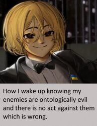 1girl black_bow black_bowtie black_jacket blonde_hair blush bow bowtie brown_eyes closed_mouth collared_shirt commentary english_commentary english_text fangs formal_clothes highres jacket long_sleeves looking_at_viewer marichka medium_hair meme original politics russo-ukrainian_war shirt skin_fangs solo ukrainian_flag usergore