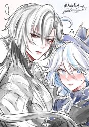 ... 2girls ahoge arlecchino_(genshin_impact) artist_name artist_request blue_eyes blue_hair blue_hat blue_suit blush character_name closed_mouth colored_skin commentary couple english_commentary formal_clothes frilled_sleeves frills furina_(genshin_impact) genshin_impact gradient_background grey_hair grey_suit hair_between_eyes hair_flowing_over hand_on_another&#039;s_shoulder hat highres huge_ahoge jewelry lipstick long_hair long_sleeves looking_at_viewer looking_to_the_side low_ponytail makeup multicolored_eyes multicolored_hair multicolored_skin multiple_girls nervous_sweating nose_blush pink_lips ponytail red_eyes red_lips ring signature smeared_lipstick speech_bubble streaked_hair suit sweat twitter_username two-tone_hair two-tone_skin upper_body wavy_hair yuri zilvizen