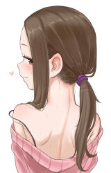 1girl bare_shoulders blush brown_eyes brown_hair closed_mouth from_behind heart highres karakai_jouzu_no_takagi-san long_hair looking_at_viewer looking_back low_ponytail note2000 off-shoulder_sweater off_shoulder pink_sweater ponytail shoulder_blades simple_background smile solo strap_slip sweater takagi-san white_background