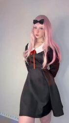 1girl animated black_bow bow breasts cosplay dancing fujiwara_chika fujiwara_chika_(cosplay) highres kaguya-sama_wa_kokurasetai_~tensai-tachi_no_renai_zunousen~ lolichkaaaaa long_hair long_sleeves one_eye_closed pink_hair school_uniform socks tagme video wink