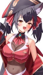 1girl absurdres animal_ear_fluff animal_ears arrow_through_heart ascot bicorne blush breasts brown_leotard choker cleavage cosplay cropped_jacket frilled_choker frills hair_ribbon hat highres hololive houshou_marine houshou_marine_(cosplay) jacket kumoru_(kumoru_145) large_breasts leather_belt leotard leotard_under_clothes long_hair looking_at_viewer navel off_shoulder ookami_mio open_mouth pirate pirate_hat red_ascot red_jacket ribbon see-through_clothes see-through_cleavage see-through_leotard simple_background sleeveless sleeveless_jacket smile solo twintails virtual_youtuber white_background wolf_girl yellow_eyes