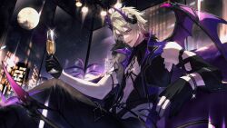 1boy black_gloves black_leotard black_pants blonde_hair building cup demon_boy demon_horns demon_wings drink ear_piercing fangs first_stage_production full_moon glass gloves highres holding holding_cup horns leotard male_focus moon namakawa official_art pants piercing pink_eyes short_hair single_glove solo sparkle virtual_youtuber wings zander_netherbrand