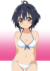 Rule 34 | 1girl, 22/7, ahoge, arms behind back, bikini, black hair, brown eyes, front-tie bikini top, front-tie top, gradient background, mizusaki johnko, short hair, side-tie bikini bottom, smile, solo, swimsuit, takigawa miu, white bikini
