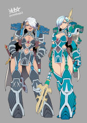 2girls alpha_legion alpharius alpharius_omegon armor breastplate breasts camouflage cape center_opening chain cleavage cleavage_cutout cloak closed_mouth clothing_cutout fang fang_out full_armor gauntlets genderswap genderswap_(mtf) greaves grey_background hair_over_one_eye hands_on_own_hips highres holding holding_polearm holding_weapon looking_at_viewer multiple_girls navel navel_cutout omegon open_mouth pauldrons plasma_pistol polearm power_armor primarch ryuusei_(mark_ii) short_hair shoulder_armor siblings signature simple_background sisters smile spear standing sword twins undercut warhammer_40k weapon white_hair