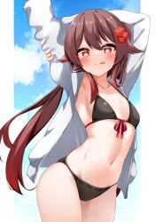 1girl absurdres bikini black_bikini breasts brown_hair cowboy_shot flower flower-shaped_pupils genshin_impact hair_flower hair_ornament highres hu_tao_(genshin_impact) jacket licking_lips long_hair long_sleeves looking_at_viewer navel pia_(botamochinjufu) red_eyes red_flower small_breasts solo swimsuit symbol-shaped_pupils thighs tongue tongue_out white_hair white_jacket