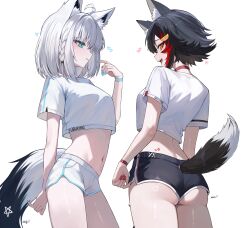 2girls absurdres ahoge alternate_costume animal_ear_fluff animal_ear_piercing animal_ears aqua_eyes aqua_nails arm_behind_back ass black_hair braid choker commentary crop_top cropped_shirt dolphin_shorts english_commentary fox_ears fox_girl fox_tail from_behind from_side hair_between_eyes hand_up highres hololive kkato looking_at_viewer looking_back multicolored_hair multiple_girls nail_polish navel ookami_mio open_mouth pentagram red_choker red_hair shirakami_fubuki shirt short_hair short_shorts shorts side_braid simple_background single_braid stomach streaked_hair t-shirt tail teeth upper_teeth_only virtual_youtuber white_background white_hair white_shirt white_shorts wolf_ears wolf_girl wolf_tail yellow_eyes