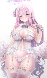 1girl alternate_costume babydoll blue_archive blush bra breasts cleavage commentary_request cowboy_shot feathered_wings frilled_bra frills garter_belt halo hand_up highres large_breasts laseri lingerie long_hair looking_at_viewer low_wings mika_(blue_archive) navel panties pink_hair pink_halo revision simple_background smile solo stomach thighhighs underwear underwear_only white_background white_bra white_garter_belt white_panties white_thighhighs white_wings wing_ornament wings wrist_wrap yellow_eyes