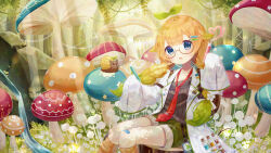 akino_min blonde_hair blue_eyes braid coat commission forest glasses gradient_hair green_hair highres holding holding_vial lab_coat lemi_lichen multicolored_hair nature necktie open_clothes open_coat red_necktie shirt shorts skeb_commission sprout_on_head stellarversepro vial virtual_youtuber