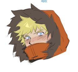 Rule 34 | 1boy, blonde hair, blue eyes, blush, covered mouth, freckles, fur-trimmed hood, fur trim, hood, hooded jacket, jacket, kenny mccormick, kugai697139, male focus, orange jacket, short hair, simple background, solo, south park, v-shaped eyebrows, white background