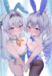 2girls @_@ anger_vein animal_ears asymmetrical_docking black_hairband blue_ribbon blush bracelet breast_press breasts collar commentary_request firefly_(honkai:_star_rail) flat_chest green_pupils grey_hair hair_between_eyes hair_ornament hair_ribbon hairband highres holding_hands honkai:_star_rail honkai_(series) jewelry large_breasts leotard multicolored_eyes multicolored_hair multiple_girls neck_ribbon neckerchief open_mouth orange_neckerchief pantyhose pekokota playboy_bunny rabbit_ears ribbon silver_wolf_(honkai:_star_rail) strapless strapless_leotard sweatdrop textless_version thighhighs two-tone_eyes white_collar