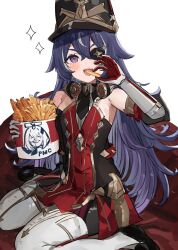1girl :d bare_shoulders black_dress black_hat black_necktie boots chevreuse_(genshin_impact) chicken_(food) commentary_request detached_collar detached_sleeves dress earmuffs earmuffs_around_neck eyepatch food french_fries fried_chicken genshin_impact gloves gold_trim hat highres holding holding_food kfc long_hair looking_at_viewer multicolored_hair necktie no_mole open_mouth paimon_(genshin_impact) pointy_hair puffy_sleeves purple_eyes purple_hair red_dress shako_cap short_dress simple_background sitting smile solo strapless strapless_dress streaked_hair the_olphy thigh_boots two-tone_dress two-tone_hair very_long_hair wariza white_background white_boots white_gloves white_hair