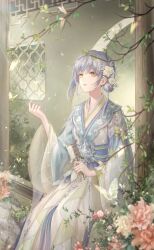 Rule 34 | 1girl, arch, artist request, blue sleeves, bug, bush, butterfly, chinese clothes, cobblestone, earrings, expressionless, feet out of frame, flower, game cg, garden, grey hair, hair bun, hair flower, hair ornament, half-closed eyes, hanfu, highres, holding kite, insect, jewelry, kite, light particles, lipstick, long sleeves, looking at object, makeup, nikki (series), official art, outdoors, parted lips, pillar, pink flower, pink lips, plant, shining nikki, short hair, single side bun, single sidelock, sitting, solo, sunny kite (shining nikki), upturned eyes, vines, white flower, white hanfu, wide sleeves, window, yellow eyes, yexiao (shining nikki)