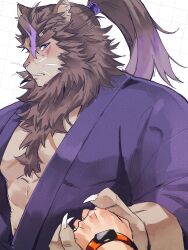absurdres bara blush bracelet chest_hair furry furry_male furry_with_non-furry hagiography highres holding_hands implied_yaoi interspecies jewelry lion_boy live_a_hero male_focus mane multicolored_hair muscular muscular_male parted_lips pectorals ponytail solo_focus streaked_hair toshu_(live_a_hero)