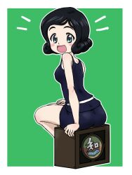 1girl ass black_hair blue_eyes blush blush_stickers breasts girls_und_panzer green_background looking_at_viewer looking_back open_mouth short_hair simple_background sitting small_breasts smile solo takahashi_kurage teramoto_tomiko