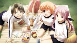 1boy 2girls aged_down apple arm_support backpack bad_tag bag beads bento black_bow black_ribbon blanket blue_buruma blush bow breasts brown_eyes buruma chaos;child chopsticks double-parted_bangs eating embarrassed flat_chest food food_art fruit game_cg grass green_hair gym_uniform hair_beads hair_between_eyes hair_ornament hair_ribbon happy highres holding holding_food kawahara_masashi kneehighs kneeling kurusu_nono light_blush long_hair minamisawa_senri multiple_girls non-web_source official_art omelet on_blanket one_eye_closed onigiri open_mouth orange_hair outdoors picnic picnic_blanket pink_bag pink_hair plate red_eyes ribbon sandwich sasaki_mutsumi sausage seiza shirt shorts shy sitting small_breasts smile socks strawberry striped_blanket swept_bangs tako-san_wiener tamagoyaki thermos thick_thighs thighs tongue twintails v wariza white_shirt white_socks yellow_bag