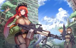 3girls absurdres ahoge ass belt black_belt black_jacket blue_eyes blunt_bangs bodysuit boots breasts brown_bodysuit brown_eyes brown_hair brown_leotard brownie_(last_origin) center_opening chest_strap cho!cho! city covered_navel day fingerless_gloves gloves gnome_(last_origin) goggles goggles_on_head green_jacket gun highleg highleg_leotard highres holding holding_weapon hood hooded_jacket huge_breasts jacket large_breasts last_origin leotard leprechaun_(last_origin) long_hair looking_at_viewer looking_back machine_gun mecha multiple_girls off_shoulder open_clothes open_jacket outdoors overgrown ponytail pouch purple_eyes red_hair rifle robot ruins short_hair silver_hair skindentation smile thigh_boots thigh_pouch thigh_strap thighhighs thong_leotard tree utility_belt very_long_hair weapon
