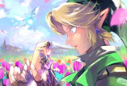 1boy 1girl armor blonde_hair blue_eyes brown_gloves collared_shirt commentary_request dress earrings elbow_gloves eye_contact fairy field fingerless_gloves flower flower_field from_side gloves green_hat green_tunic hat holding holding_mini_person jewelry link long_dress long_hair looking_at_another matsutoshi_kkb mini_person minigirl navi nintendo own_hands_together parted_lips pauldrons pink_dress pink_flower pink_gloves pink_tulip pointy_ears portrait princess_zelda shirt short_hair shoulder_armor the_legend_of_zelda the_legend_of_zelda:_ocarina_of_time tiara tulip tunic two-tone_dress white_dress