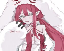 1girl baobhan_sith_(fate) baobhan_sith_(swimsuit_pretender)_(first_ascension)_(fate) bare_shoulders blush breasts cernunnos_(fate) detached_collar detached_sleeves fang fate/grand_order fate_(series) grey_eyes headwear_with_attached_mittens highres long_hair looking_at_viewer meri_241205 pink_hair pointy_ears sidelocks smile solo upper_body