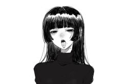 1girl black_eyes blunt_bangs half-closed_eyes highres long_hair mole mole_on_neck mole_under_mouth monochrome original piercing sidelocks simple_background smile solo spiked_ear_piercing sweater tagme teeth tongue tongue_out tongue_piercing turtleneck turtleneck_sweater upper_body upper_teeth_only ushitaberu