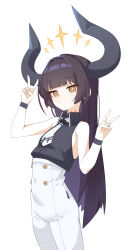 Rule 34 | 1girl, behalter, black hair, black horns, black shirt, bright pupils, diein (djmax), djmax, djmax respect, double v, halo, highres, horns, long hair, looking at viewer, necktie, orange halo, pants, shirt, simple background, sleeveless, sleeveless shirt, solo, standing, v, white background, white necktie, white pants, white pupils, yellow eyes