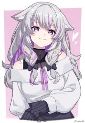 Rule 34 | 1girl, :3, animal ears, black bow, black shirt, black skirt, black sleeves, border, bow, cat ears, cat girl, ears down, hair bow, hair ornament, head tilt, heart, high-waist skirt, highres, indie virtual youtuber, long hair, looking at viewer, mishiro mao, multicolored hair, neck ribbon, off-shoulder sweater, off shoulder, omizu (omizu fa), outside border, purple background, purple eyes, purple hair, purple ribbon, ribbon, shirt, skirt, sleeveless, sleeveless shirt, star (symbol), star hair ornament, star pendant, streaked hair, sweater, sweater tucked in, turtleneck, turtleneck shirt, twitter username, virtual youtuber, white border, white hair, white sweater, zipper pull tab