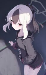 1girl aimo_wotku black_hair black_hoodie black_horns blue_archive blurry blurry_background blush closed_mouth collarbone commentary demon_horns ear_piercing hair_between_eyes halo hand_in_pocket highres hood hood_down hoodie horns kayoko_(blue_archive) long_sleeves looking_at_viewer miniskirt mole mole_on_collarbone multicolored_hair piercing pleated_skirt ponytail red_eyes red_skirt shade sidelocks skirt solo standing two-tone_hair white_hair