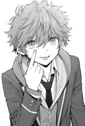 1boy akehoshi_subaru ensemble_stars! eyelid_pull greyscale hair_between_eyes hatching_(texture) highres index_finger_raised jacket looking_at_viewer maki_keigo male_focus monochrome necktie open_clothes open_jacket short_hair simple_background smile solo tongue tongue_out upper_body white_background