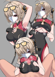 Rule 34 | 1boy, 1girl, armpits, black-framed eyewear, blonde hair, breasts, bun cover, catstudioinc (punepuni), china dress, chinese clothes, cleavage, cleavage cutout, clothing cutout, cum, cum on body, cum on breasts, cum on clothes, cum on upper body, double bun, dress, eyewear on head, facing viewer, fur trim, hair bun, highres, looking at viewer, mask, medium breasts, medium hair, paizuri, penis, standing, sunglasses, sweat, sweety (zenless zone zero), underboob, zenless zone zero