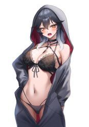 1girl absurdres black_choker black_hair black_panties bra breasts choker commentary_request goddess_of_victory:_nikke highres hood hooded_pajamas k_(nikke) large_breasts long_hair looking_at_viewer maviss_03 multicolored_hair navel open_mouth paid_reward_available pajamas panties simple_background solo stomach two-tone_hair underwear white_background white_hair yellow_eyes