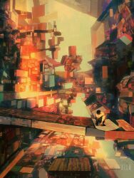 1boy abstract between_legs book box covering_face curled_up dkaism elbows_on_knees full_body hand_between_legs knees_up matchbox maze on_ground original painterly paper sitting solo sunlight too_many too_many_books