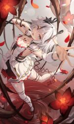 1girl absurdres asymmetrical_clothes black_eyes black_flower blake_bloom_(wuthering_waves) breasts camellya_(wuthering_waves) collar commentary dress finger_to_face flower hair_flower hair_ornament hair_vines hand_up highres looking_at_viewer mirufuaa open_mouth pants red_pupils shoes short_hair sideless_dress single_pantsleg small_breasts smile solo tacet_mark_(wuthering_waves) white_collar white_dress white_hair white_pants white_shoes wuthering_waves