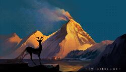 absurdres blue_sky chinese_commentary commentary_request danxiaqing day deer highres lake mountain no_humans original outdoors rock scenery sky smoke water
