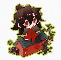 Rule 34 | 1boy, architecture, black hair, black pants, branch, chibi, chibi only, chinese clothes, chinese commentary, creature, dao gui yi xian, east asian architecture, full body, hair between eyes, hair bun, hanfu, highres, hydrogenbonding, lantern, leaf, li huowang, li sui (tentacles), long hair, long sleeves, looking at viewer, male focus, ofuda, on roof, on rooftop, open mouth, outline, pants, red eyes, red hanfu, simple background, single hair bun, sitting, sitting on roof, solo, spoken zzz, talisman, tentacles, tree, white background, zzz