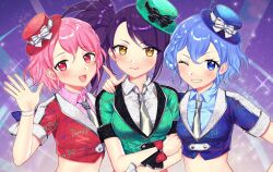 Rule 34 | 1boy, :d, ;d, blue eyes, blue hair, blue headwear, blue jacket, blue shirt, breasts, brother and sister, collared shirt, cropped jacket, crossdressing, dorothy west, green headwear, green jacket, grey necktie, hand on another&#039;s shoulder, hand up, hat, highres, hourai ninjin, jacket, long hair, looking at viewer, medium breasts, mini hat, mole, mole under eye, necktie, one eye closed, open hand, open mouth, pink eyes, pink hair, pretty series, pripara, purple background, purple hair, red headwear, red jacket, reona west, shirt, short hair, siblings, side ponytail, small breasts, smile, toudou shion, trap, twins, upper body, yellow eyes
