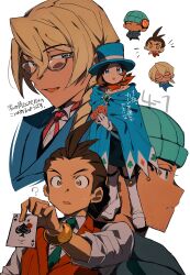 :o ? absurdres ace_(playing_card) ace_attorney antenna_hair apollo_justice apollo_justice:_ace_attorney bad_anatomy bad_hands beanie black_skirt blonde_hair blue_cape blue_eyes blue_hat boots brown_eyes brown_hair cape card chibi chibi_inset closed_eyes club_(shape) collared_shirt diamond_(shape) dress_shirt drill_hair facial_hair gem green_gemstone green_necktie grgrton hair_between_eyes hat highres holding holding_card jacket knee_boots kristoph_gavin long_hair neck_ribbon necktie open_mouth phoenix_wright playing_card red_scarf ribbon scarf shirt short_hair side_drill simple_background skirt spade_(shape) stubble suit_jacket top_hat trucy_wright white_background white_boots white_shirt