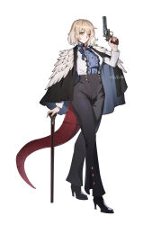 1girl absurdres alternate_costume black_pants black_shoes blonde_hair blue_ribbon breasts cane center_frills chuo_chuo_ye closed_mouth dragon_tail dungeon_meshi falin_touden falin_touden_(tallman) feathers frills full_body gun high_heels highres holding holding_cane holding_gun holding_weapon long_sleeves looking_at_viewer medium_breasts neck_ribbon pants red_tail ribbon shirt shoes short_hair simple_background solo standing tail weapon white_background white_shirt yellow_eyes