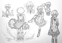 1boy alternate_costume antenna_hair boots broom closed_mouth enmaided greyscale highres holding holding_broom lace-up_boots looking_at_viewer maid male_focus monochrome omori open_mouth plant short_hair simple_background smile solo stranger_(omori) thatbirdcanfly thorns traditional_media vines