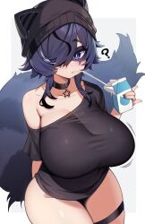 1girl ? animal_hat arm_behind_back beanie belt belt_collar black_belt black_hair black_nails black_shirt blue_eyes blue_hair border breasts bright_pupils collar colored_tips commentary domino_mask drinking_straw english_commentary hair_over_one_eye hat highres holding holding_milk_carton huge_breasts indie_virtual_youtuber kaptivate large_tail light_blush mask milk_carton motion_lines multicolored_hair nail_polish no_pants off_shoulder one_eye_covered outside_border paid_reward_available shirt short_sleeves single_bare_shoulder skindentation snuffy_(vtuber) solo star_(symbol) t-shirt tail thick_thighs thigh_strap thighs two-tone_hair very_long_fingernails virtual_youtuber white_border white_pupils