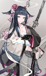 Rule 34 | 1girl, animal, arknights, bad source, black hair, blue eyes, blunt bangs, breasts, chest sarashi, chongchongbao mushi, cleavage, cowboy shot, flower, hair flower, hair ornament, halo, highres, holding, holding animal, holding rabbit, japanese clothes, katana, kimono, long hair, long sleeves, looking at viewer, mio (arknights), pink flower, rabbit, sarashi, sheath, sheathed, smile, solo, standing, sword, very long hair, weapon, wide sleeves
