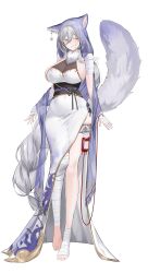 1girl absurdres animal_ears bandages bare_shoulders barefoot blood blood_bag braid braided_ponytail breasts china_dress chinese_clothes cleavage dress earrings full_body fur_collar grey_hair hair_between_eyes highres intravenous_drip jewelry large_breasts lillly long_hair looking_at_viewer mole mole_on_breast obi original ringed_eyes sash see-through_clothes see-through_cleavage side_slit sideboob simple_background smile solo tail thigh_strap very_long_hair white_background wolf_ears wolf_tail yellow_eyes