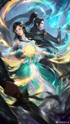 1girl 2boys absurdres aqua_dress aqua_flower aqua_ribbon armor asian back-to-back bare_shoulders battle black_eyes black_hair black_hanfu blue_collar blue_wrist_cuffs blurry blurry_foreground bracer character_request chinese_armor chinese_clothes chinese_commentary closed_mouth cloud cloudy_sky collar commentary_request copyright_request darkness day debris detached_collar detached_sleeves dress expressionless eyelashes facepaint feather_hair_ornament feathers floating_hair flower frilled_collar frilled_wrist_cuffs frills full_body hair_flower hair_ornament hanfu high_ponytail highres holding holding_sword holding_weapon jian_(weapon) layered_dress light_blush lips lipstick long_dress long_hair long_sleeves looking_at_viewer looking_back magic makeup mandarin_collar multiple_boys outdoors parted_lips pillar ponytail realistic red_lips ribbon see-through_clothes see-through_sleeves sky sword thick_eyebrows very_long_hair waist_ribbon watermark weapon weibo_watermark white_dress white_flower white_sleeves wide_sleeves wrist_cuffs wrist_flower wuxia ye_dian_pikaqiu