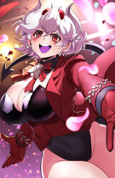 1girl anniversary beelzebub_(helltaker) black_leotard breasts bug cleavage covered_navel demon demon_girl demon_horns demon_tail earrings fly formal_clothes freckles fujioka_yatsufusa gloves helltaker highres horns insect jacket jewelry large_breasts leotard looking_at_viewer red_eyes red_gloves red_suit short_hair smile solo suit tail white_hair white_horns