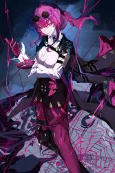 Rule 34 | 1girl, absurdres, black jacket, black shorts, blush, closed mouth, eyewear on head, gloves, hair between eyes, highres, honkai: star rail, honkai (series), jacket, jacket on shoulders, jewelry, kafka (honkai: star rail), long hair, looking at viewer, mashi (pixiv zcjd2538), multiple rings, one side up, pantyhose, purple eyes, purple gloves, purple hair, purple pantyhose, ring, shirt, shorts, sidelocks, smile, solo, sunglasses, white shirt