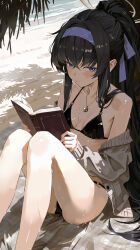 1girl absurdres bare_shoulders bikini black_bikini blue_archive book breasts brown_cardigan cardigan crossed_bangs gold_necklace hair_between_eyes hairband highres holding holding_book jewelry long_hair looking_at_viewer maria_(maria_rose) necklace official_alternate_costume official_alternate_hairstyle ponytail purple_eyes purple_hairband sitting solo swimsuit ui_(blue_archive) ui_(swimsuit)_(blue_archive) wet
