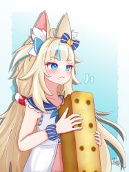 Rule 34 | 1girl, absurdres, ahoge, animal ears, blonde hair, blue bow, blue eyes, blue hair, blue scrunchie, blush, bow, cat ears, closed mouth, dress, eating, fang, food, hair bow, highres, holding, holding food, indie virtual youtuber, lifebuoy hair ornament, long hair, low twintails, mini person, multicolored hair, one side up, rei (2812q), sameko saba, scrunchie, sleeveless, sleeveless dress, streaked hair, twintails, very long hair, virtual youtuber, white dress
